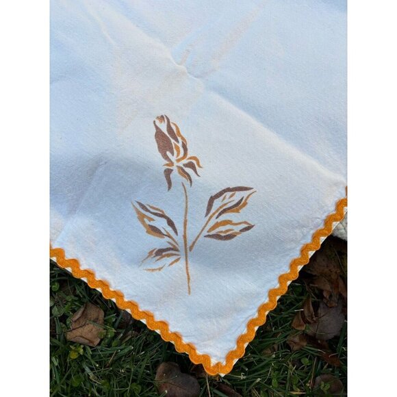 Vintage Floral Yellow Brown Small Tablecloth With Trim Square 34x34” Cottagecore - Picture 2 of 3